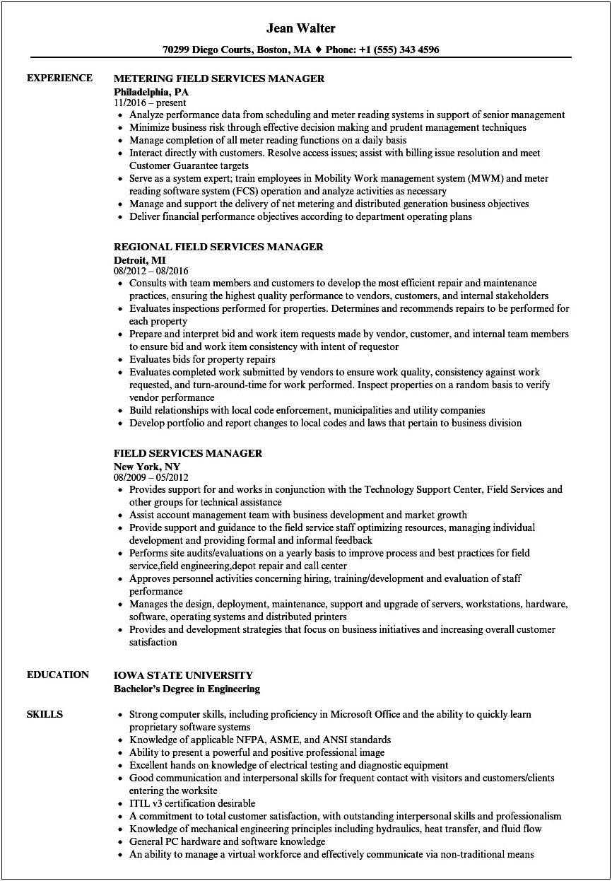 Schlumberger Field Service Manager Resume
