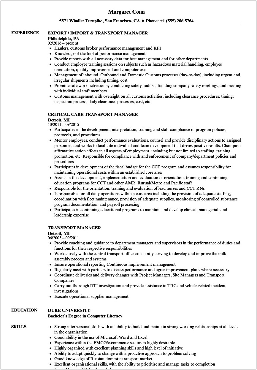 School Bus Area Manager Resume