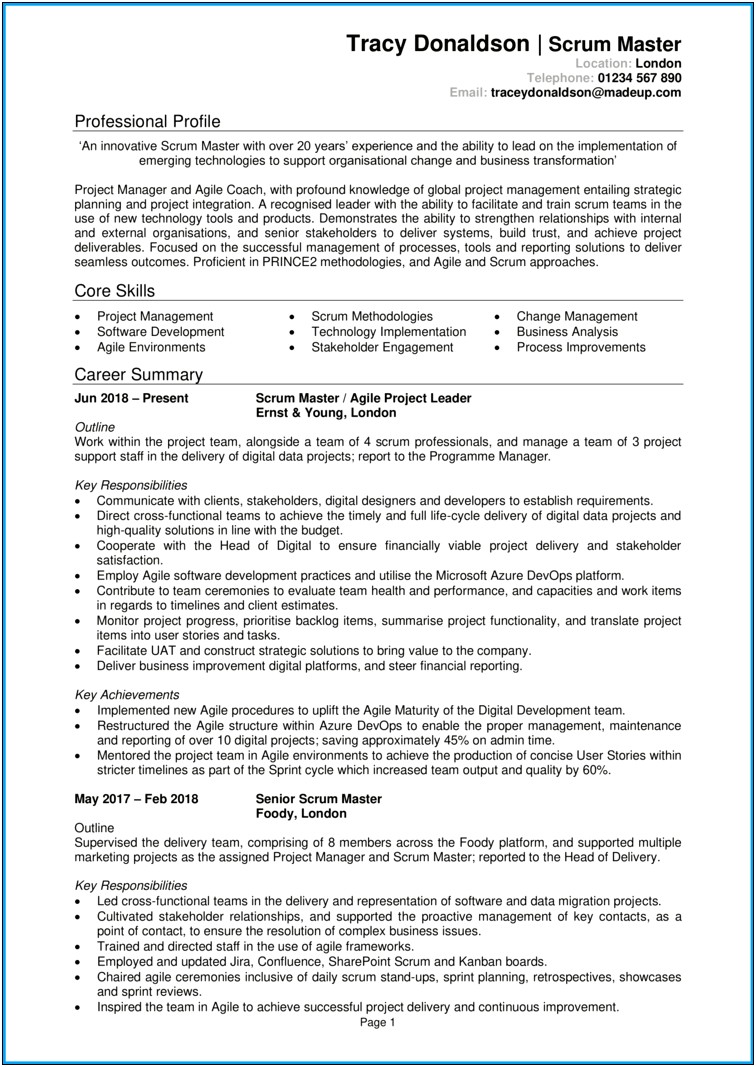 Scrum Master Project Manager Resume