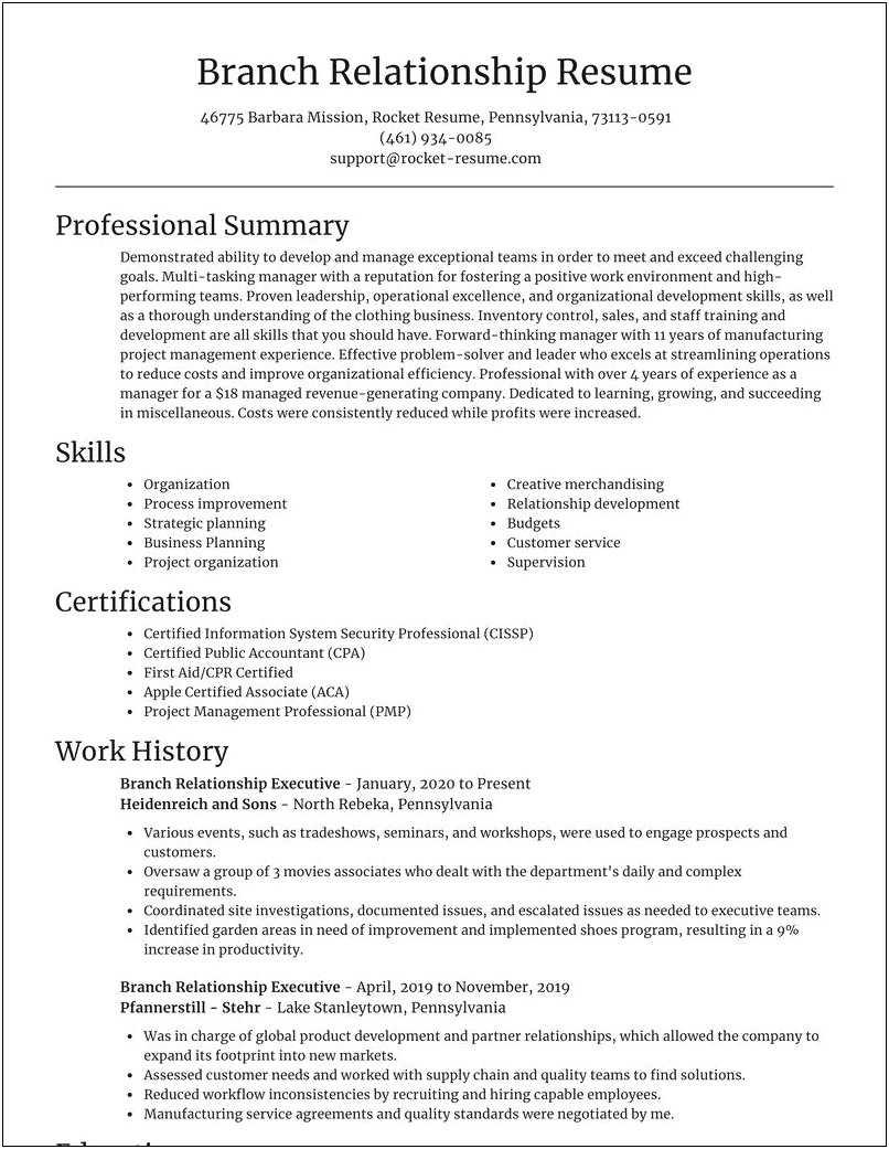 Security Branch Manager Example Resume