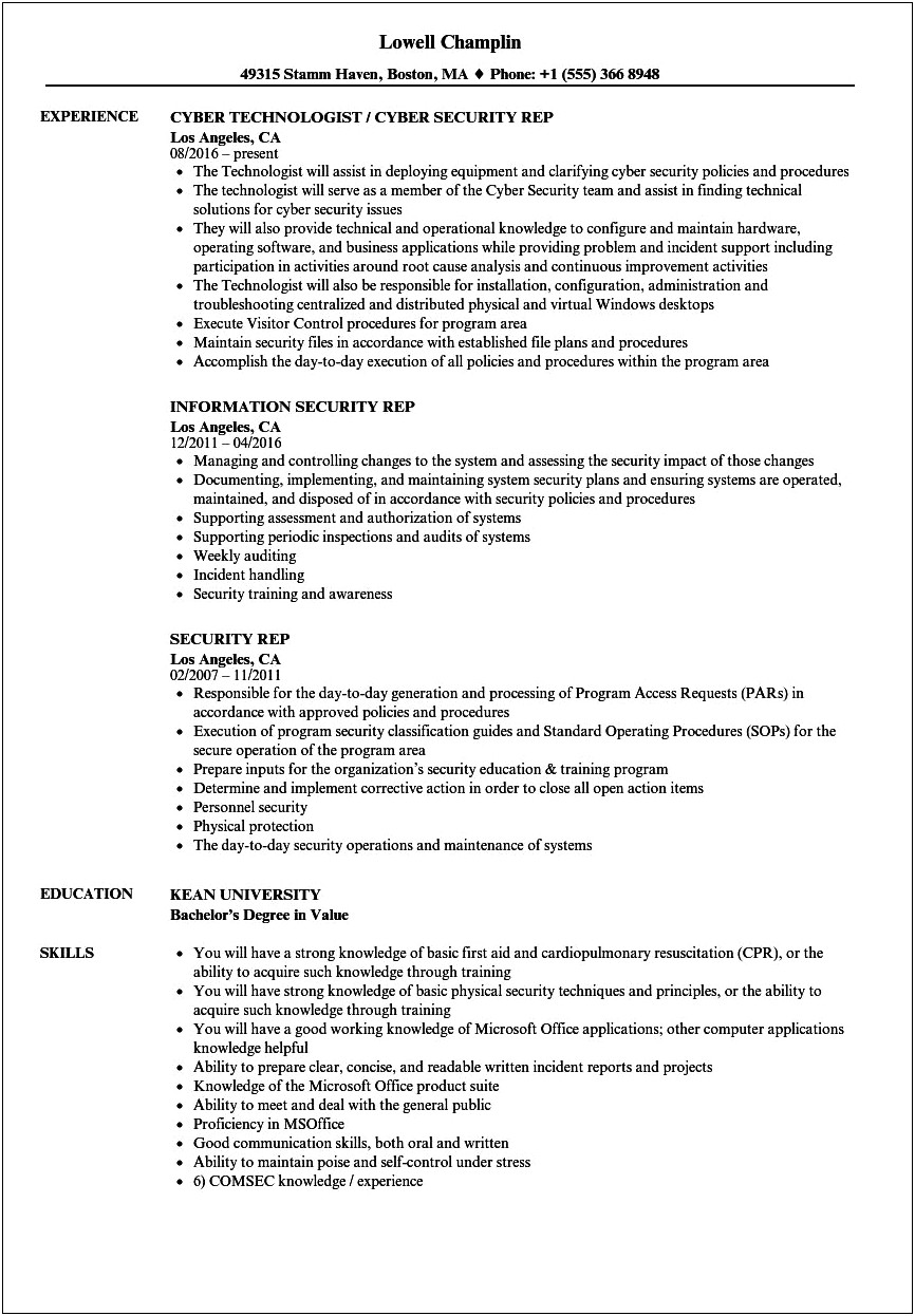 Security Clearance In Resume Sample