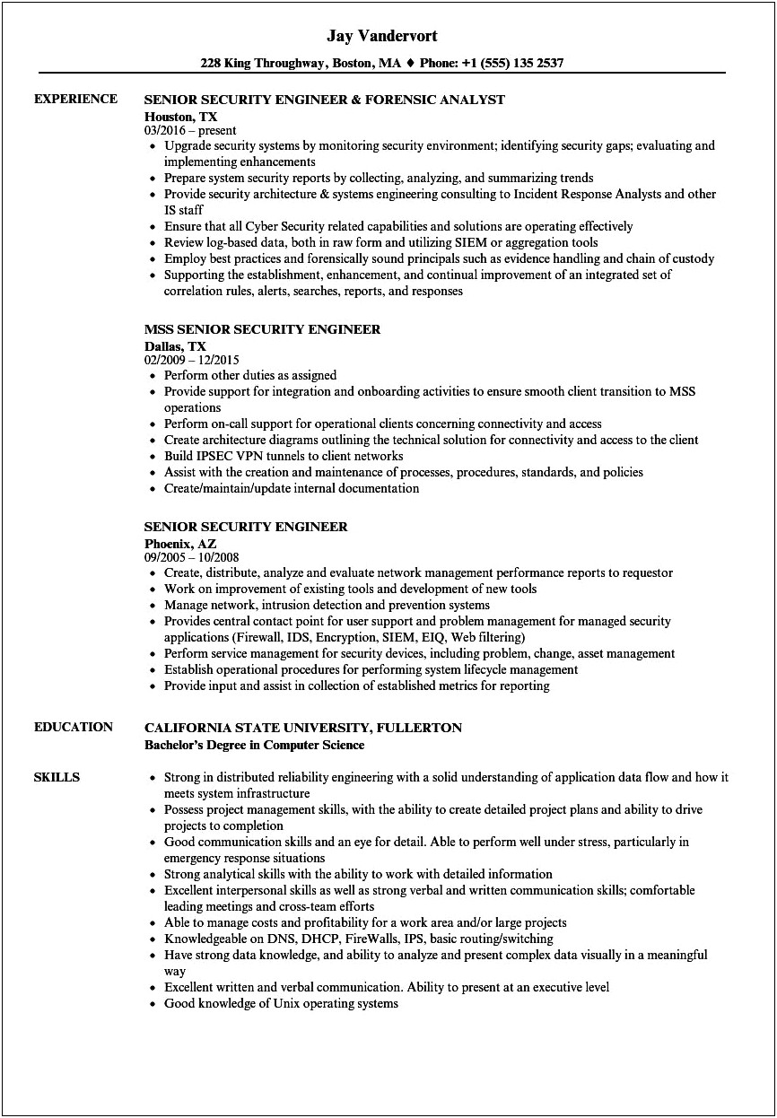 Security Engineer Manager Resume Example