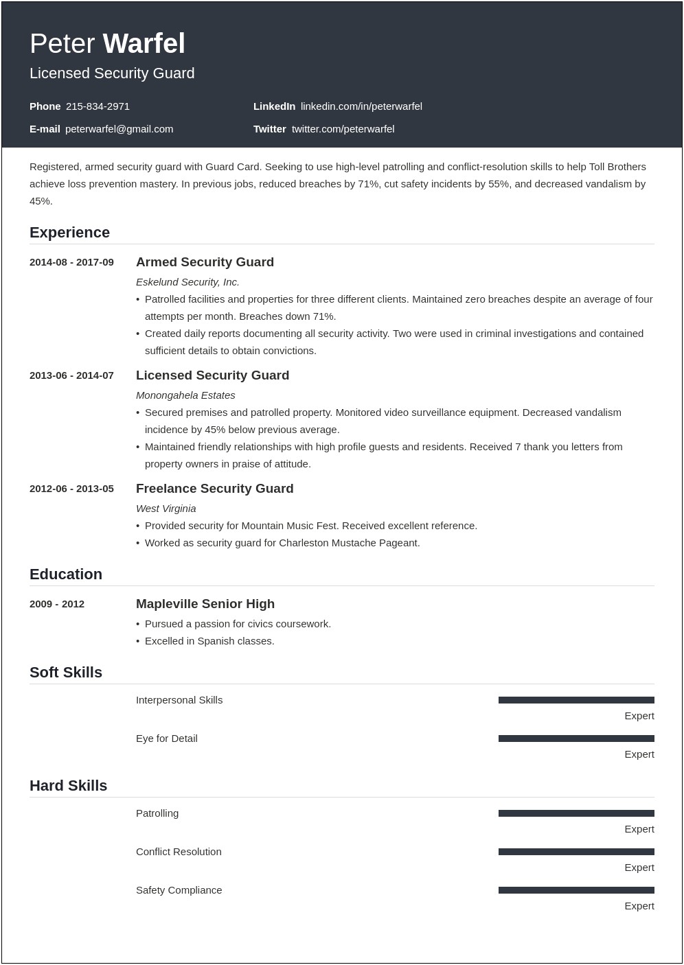 Security Guard Objective Resume Sample