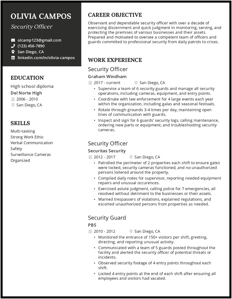Security Guard Resume Objective Sample