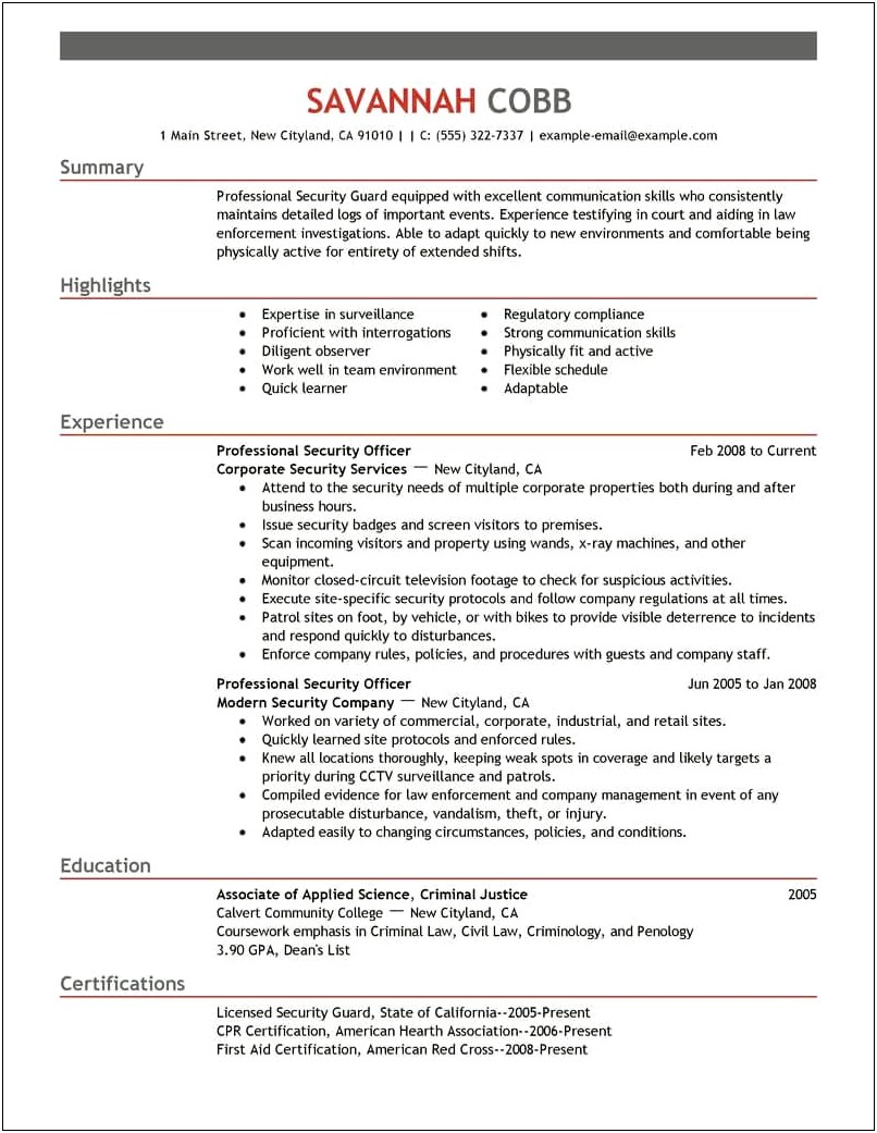 Security Guard Resume Skills Examples