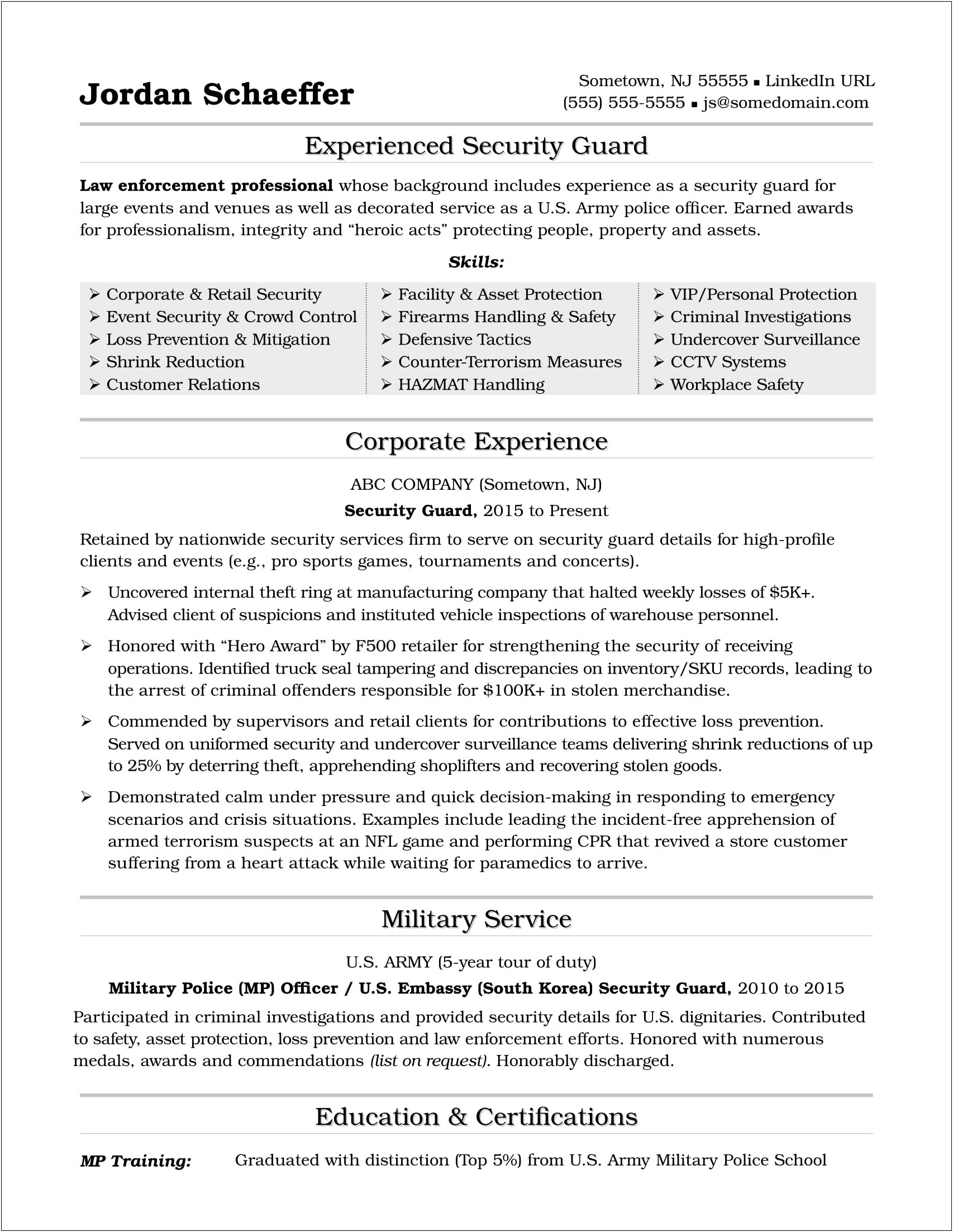 Security Guard Sample Resume Example