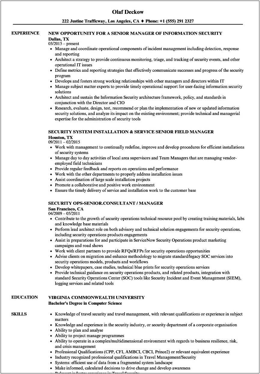 Security Manager Skills For Resume