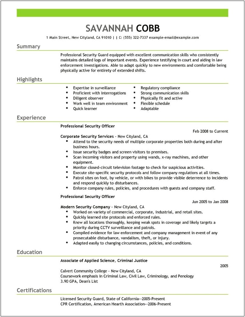 Security Officer Resume Profile Examples