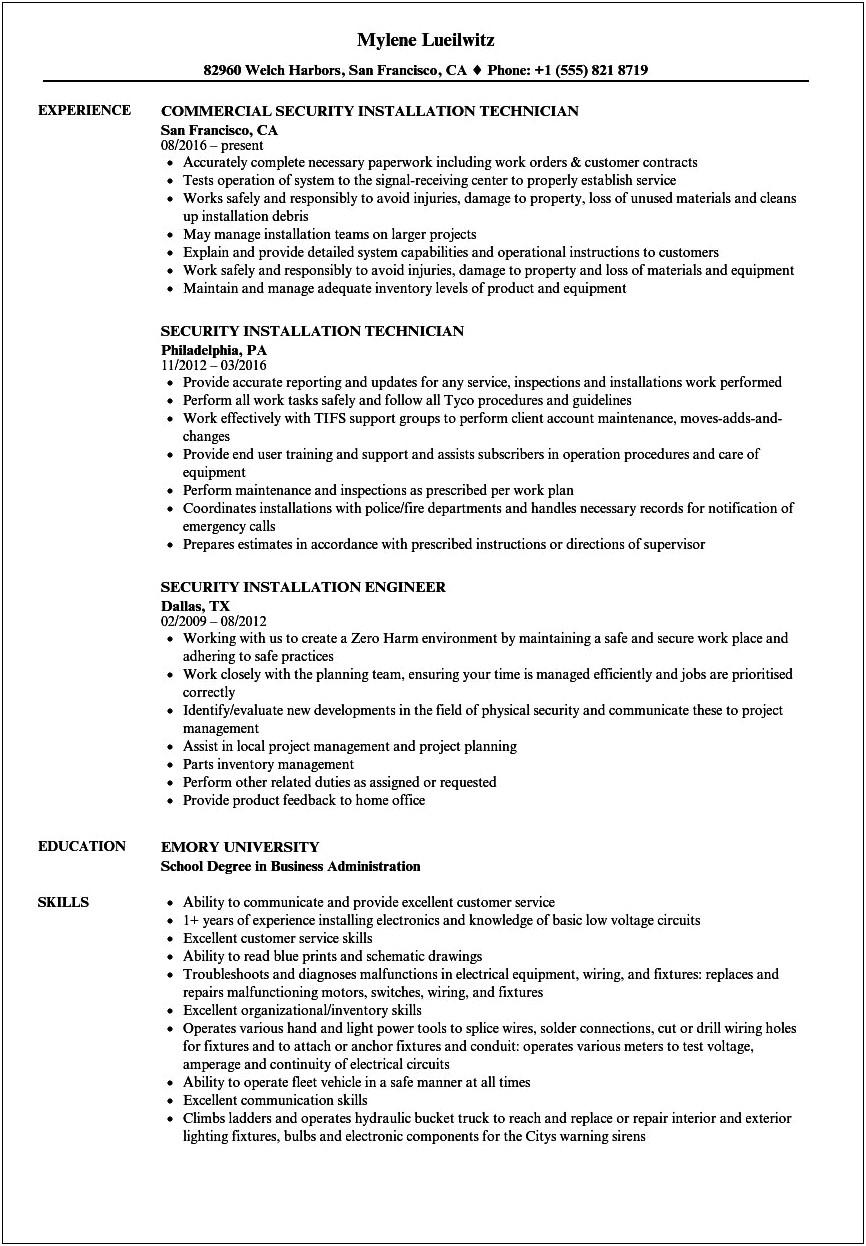 Security System Installer Resume Example