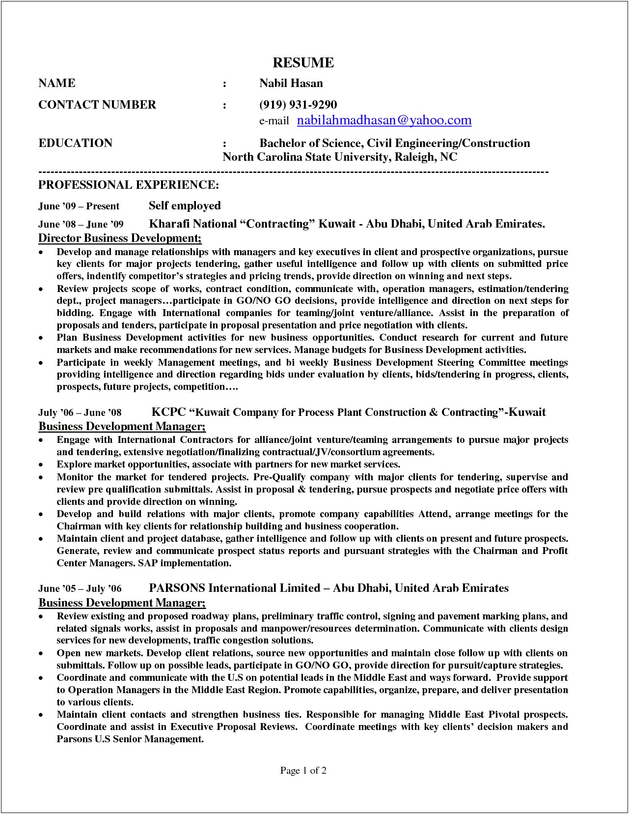 Self Employed Contractor Resume Examples