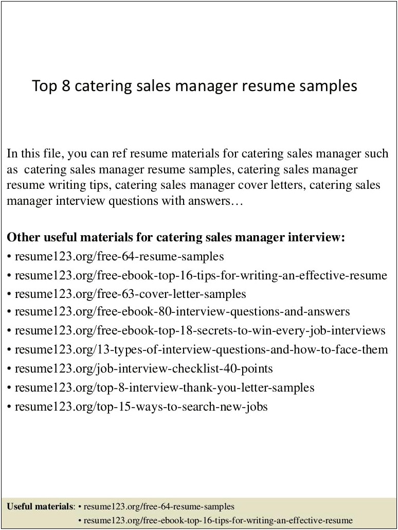 Senior Catering Sales Manager Resume