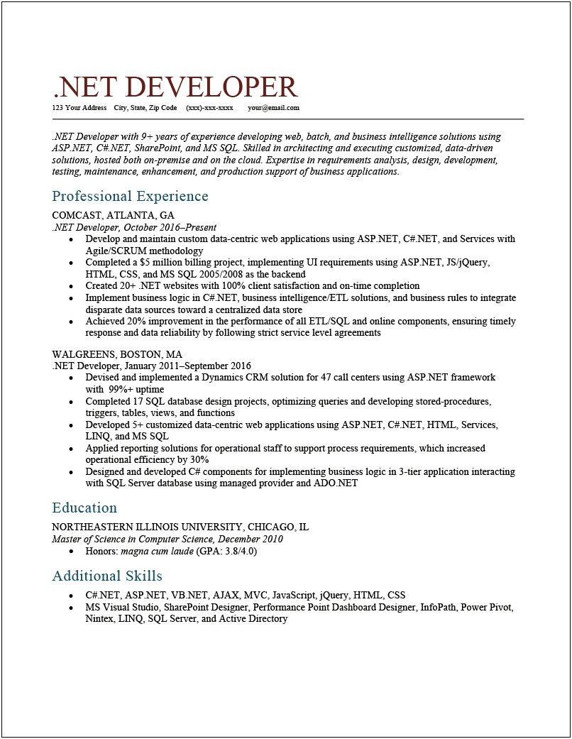 Senior Dotnet Developer Resume Sample