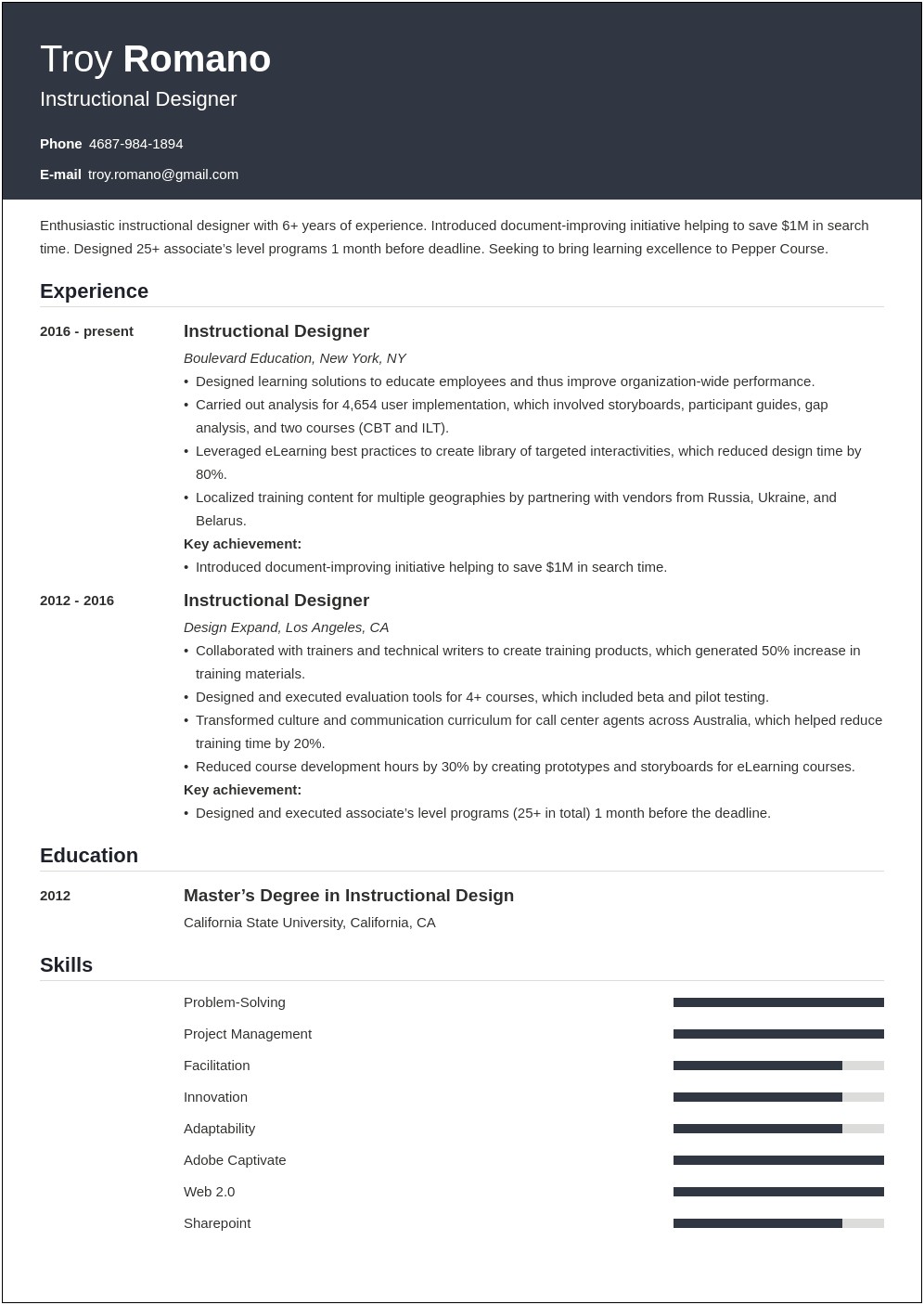 Senior Instructional Designer Sample Resume