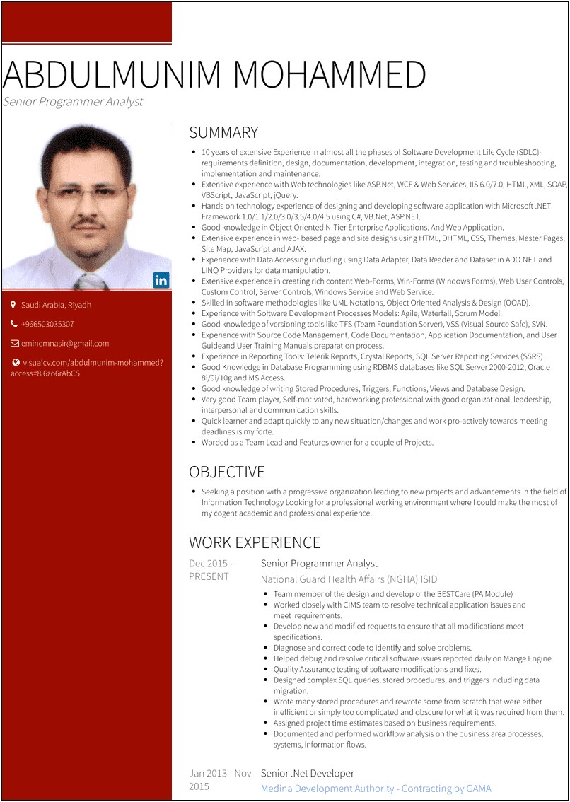 Senior Net Developer Resume Example