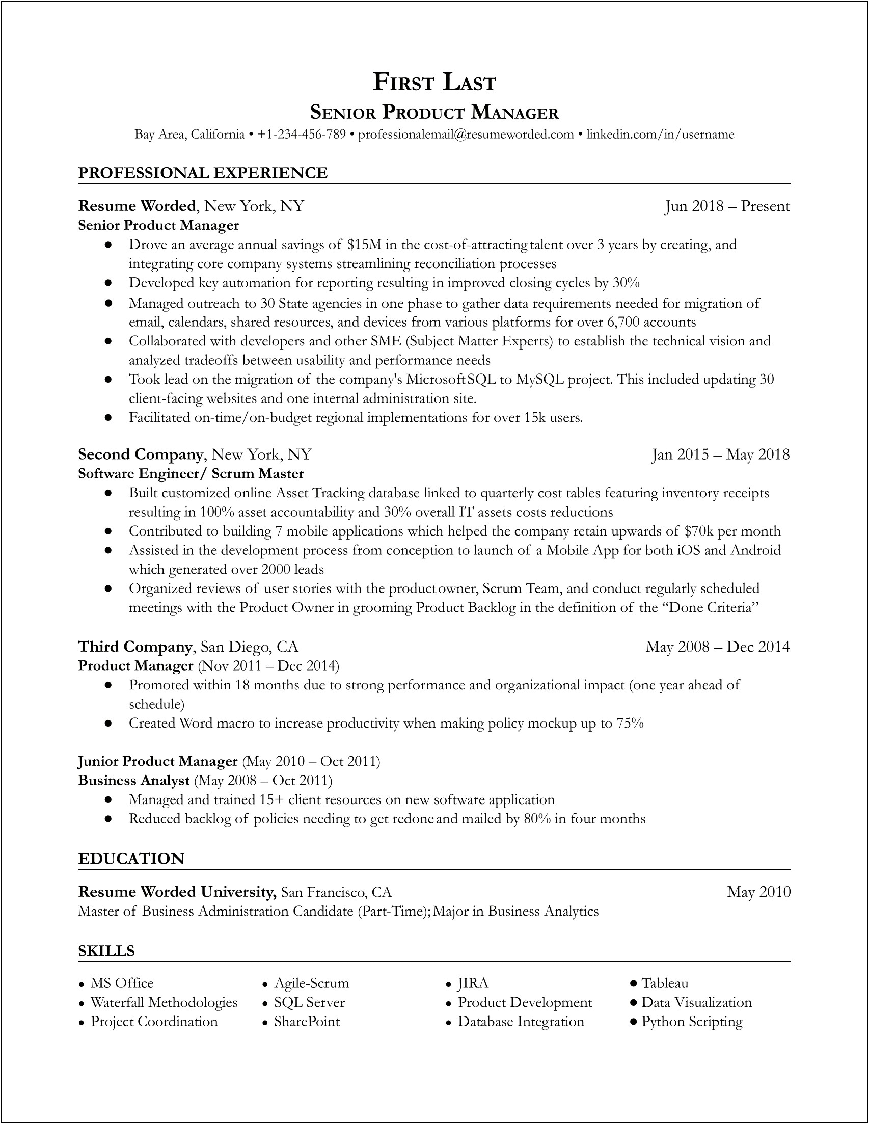 Senior Product Manager Resume Profile