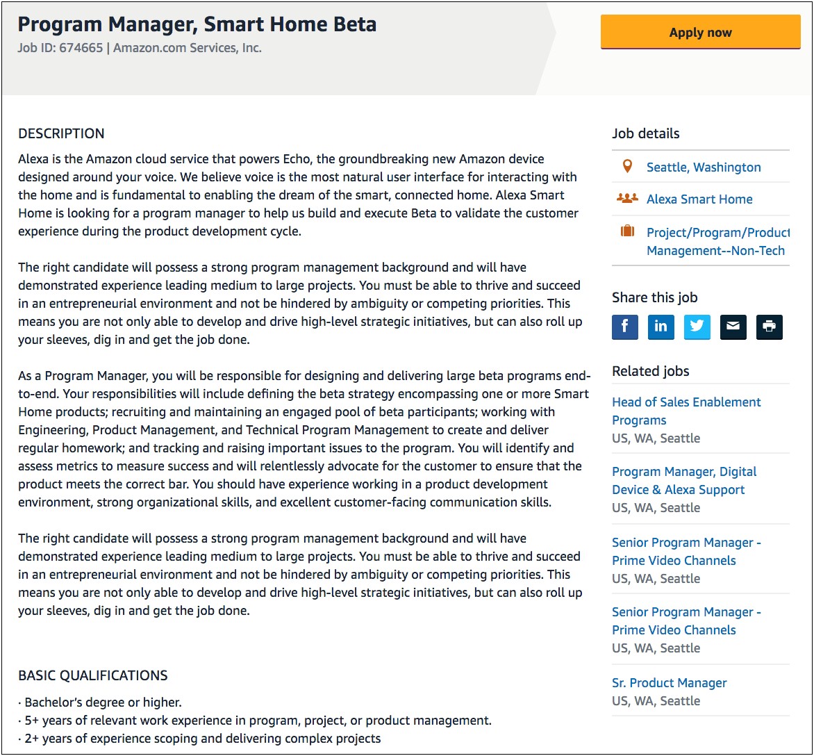 Senior Program Manager Amazon Resume