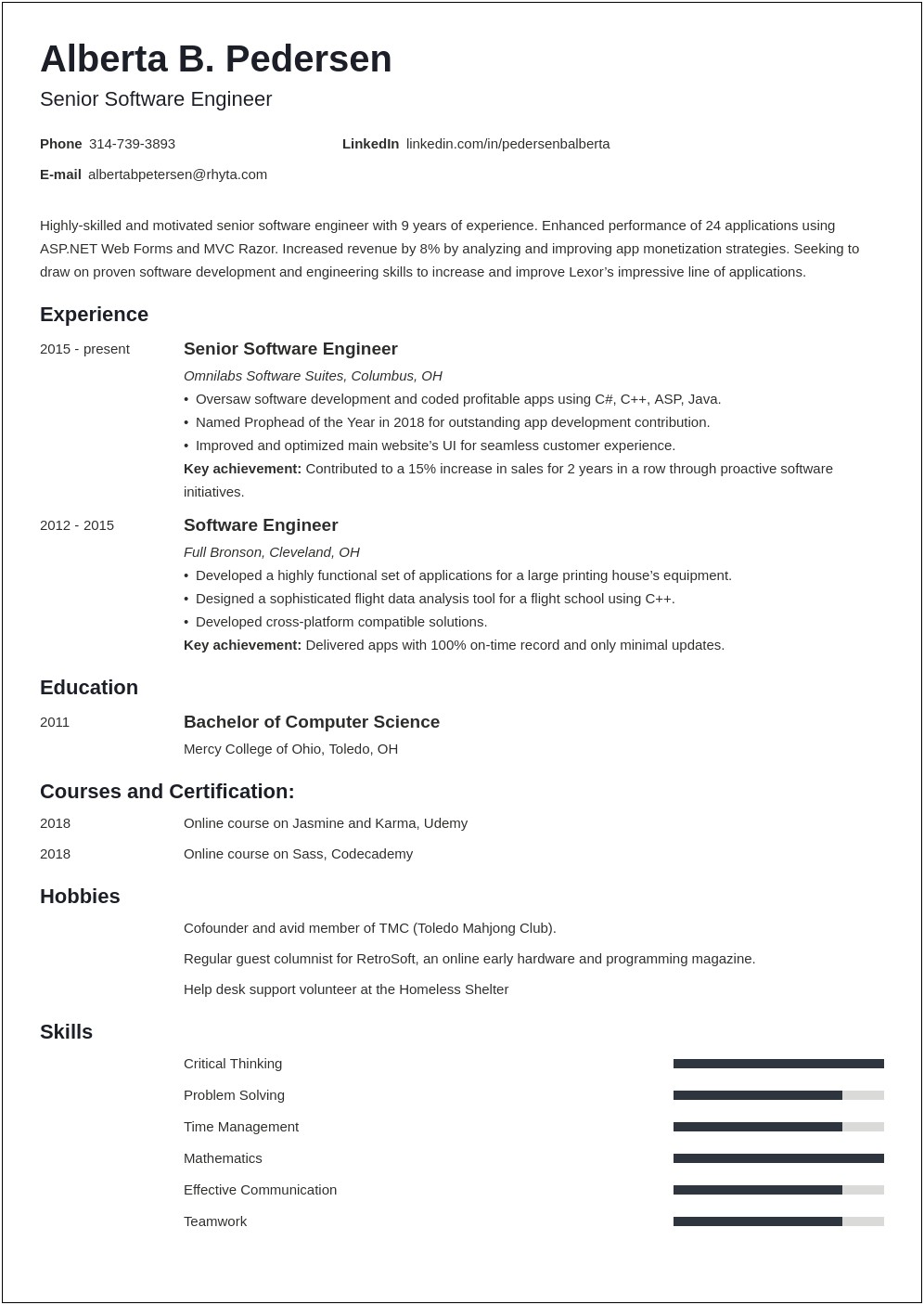 Senior Programmer Dba Example Resume