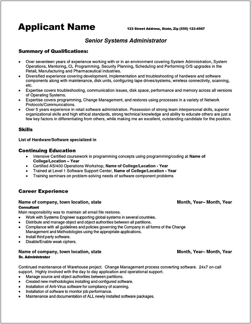 Senior System Administrator Sample Resume