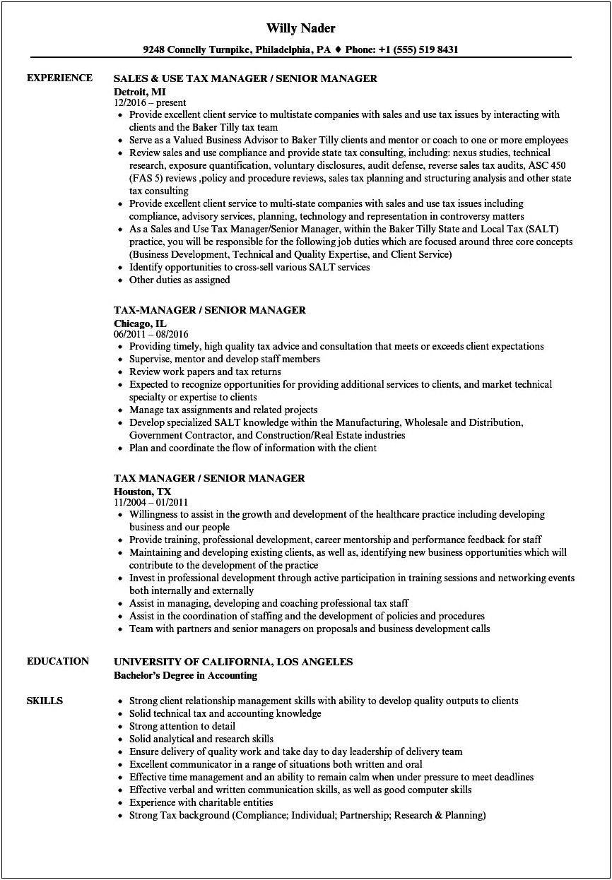 Senior Tax Manager Resume Example