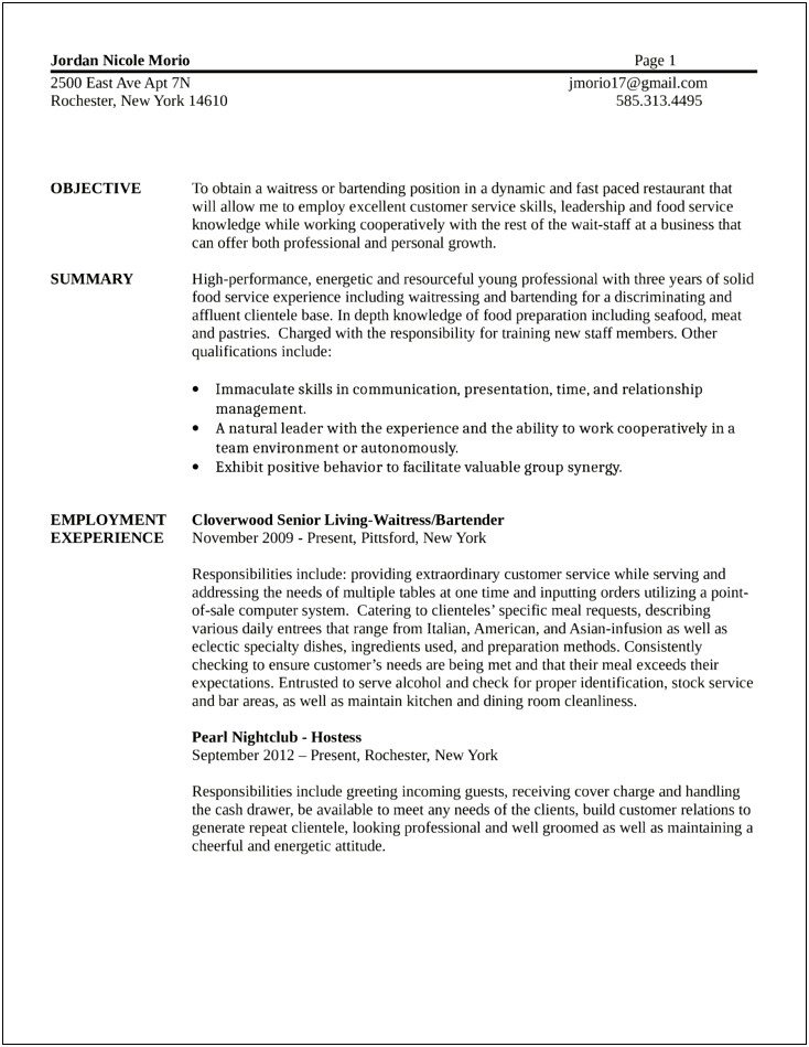 Server And Bartender Resume Example