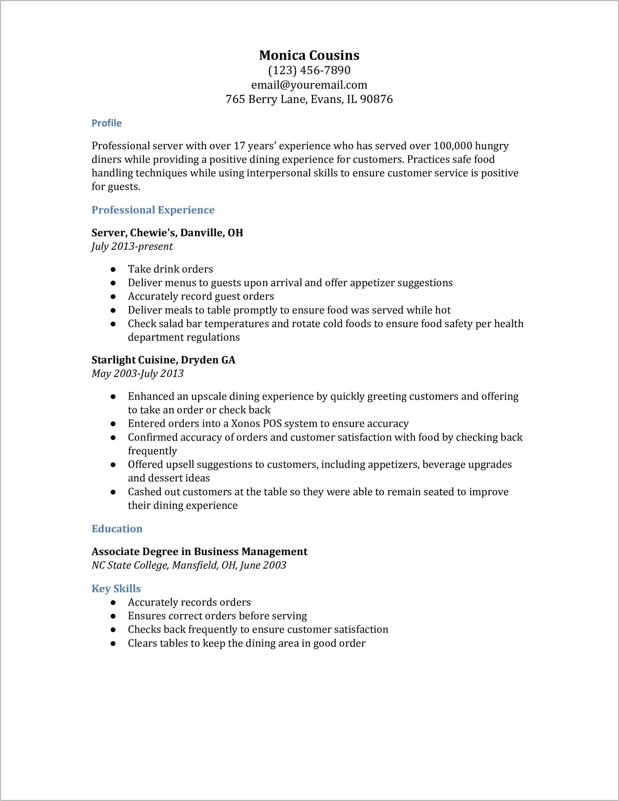 Server Resume Skills And Qualifications