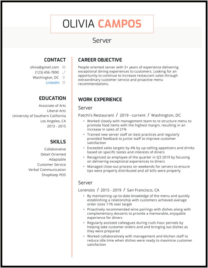 Server Sample Resume No Experience