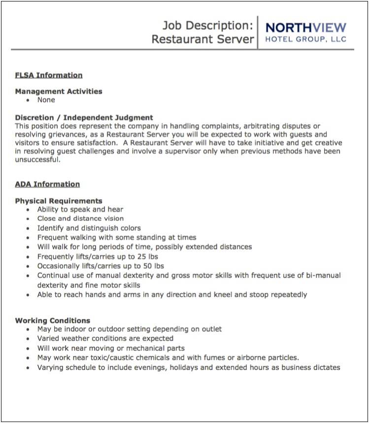 Server Waiter Resume Job Duties