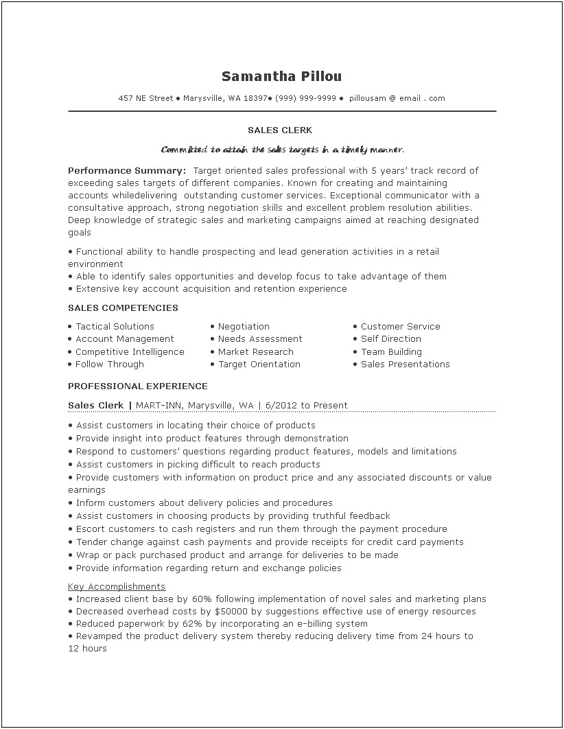 Service Clerk Job Description Resume