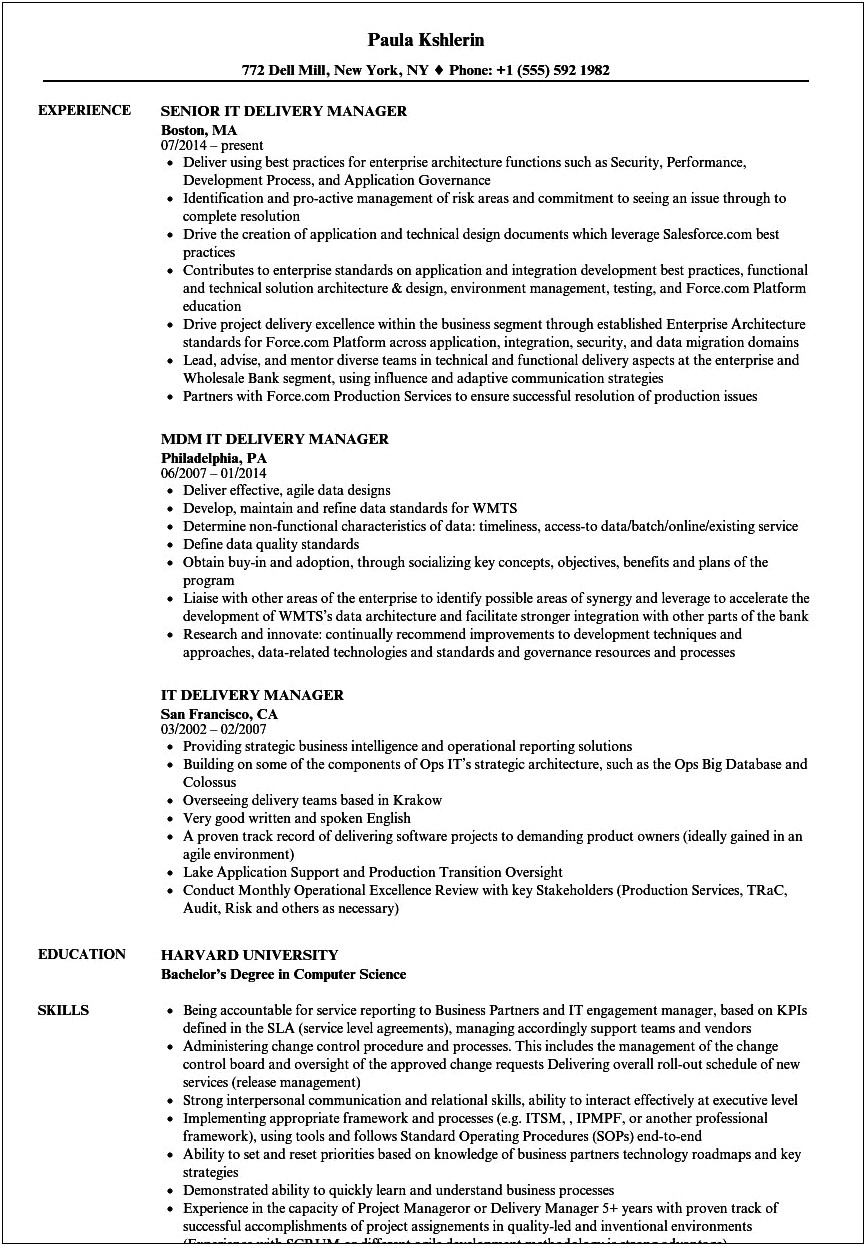 Service Delivery Manager Resume Australia