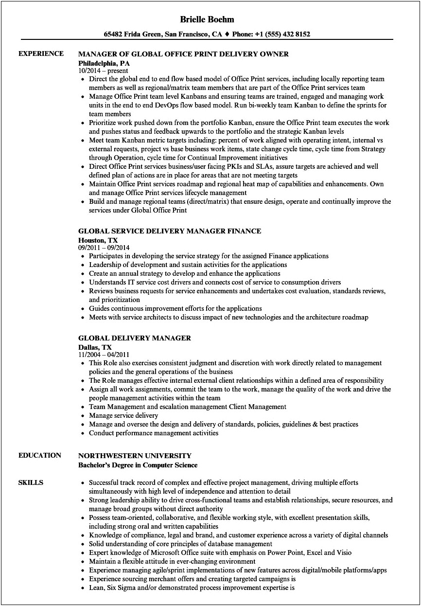 Service Delivery Manager Resume India