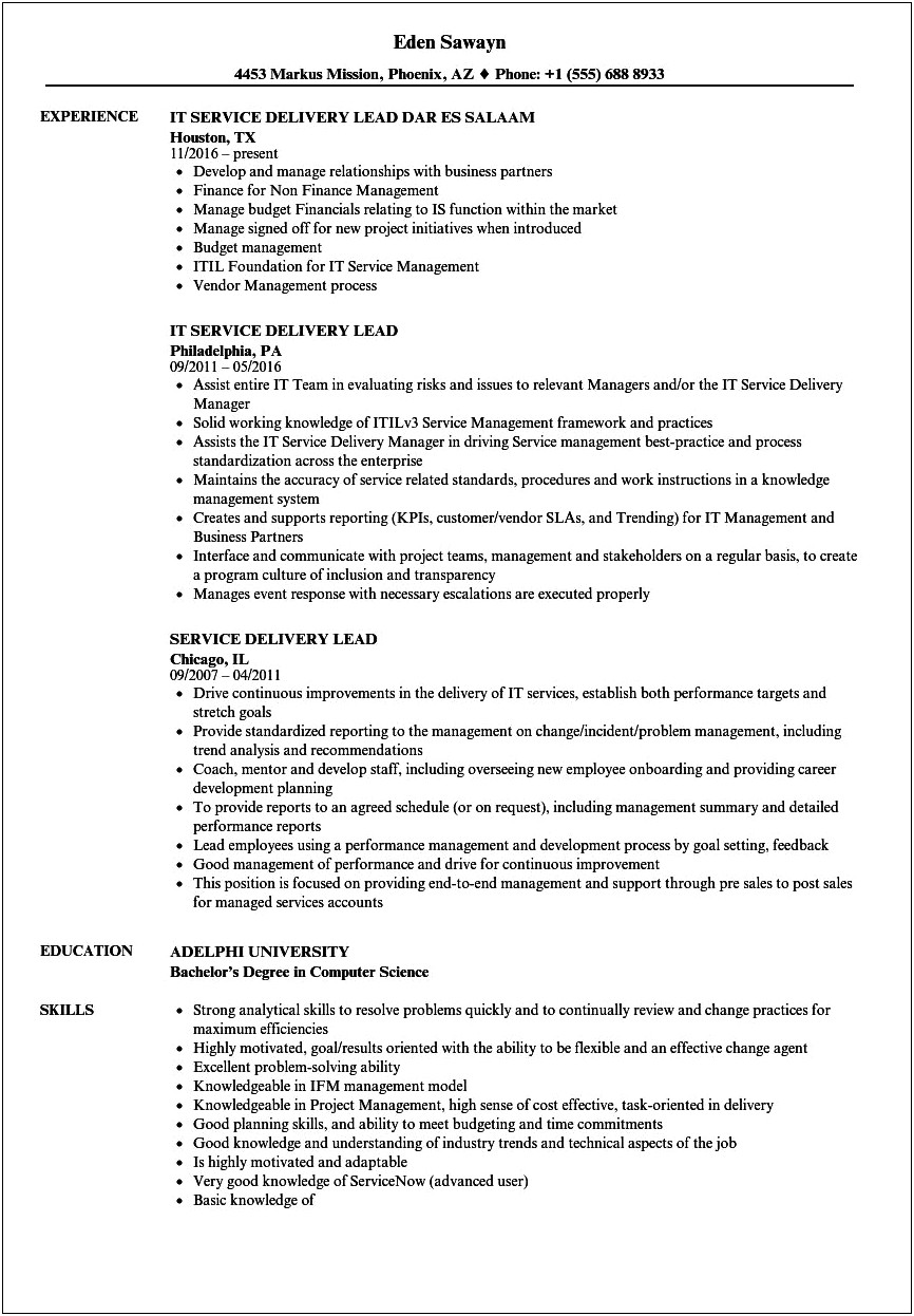 Service Delivery Operations Manager Resume