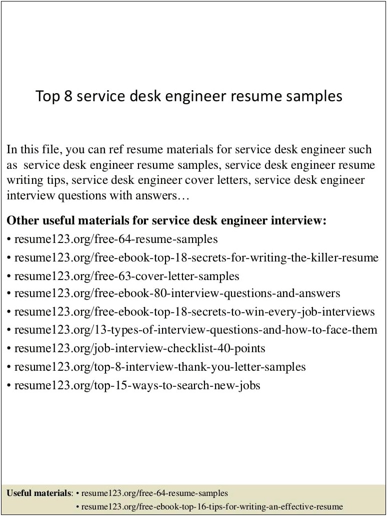 Service Desk Engineer Resume Examples