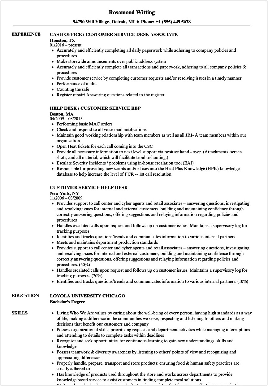 Service Desk Job Description Resume