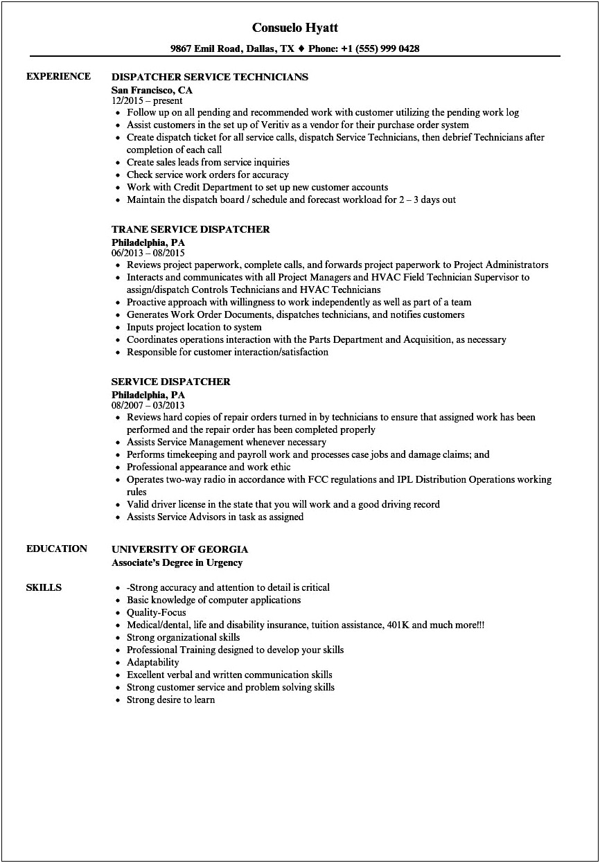 Service Dispatcher Job Description Resume