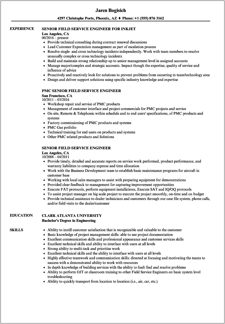 Service Engineer Job Description Resume