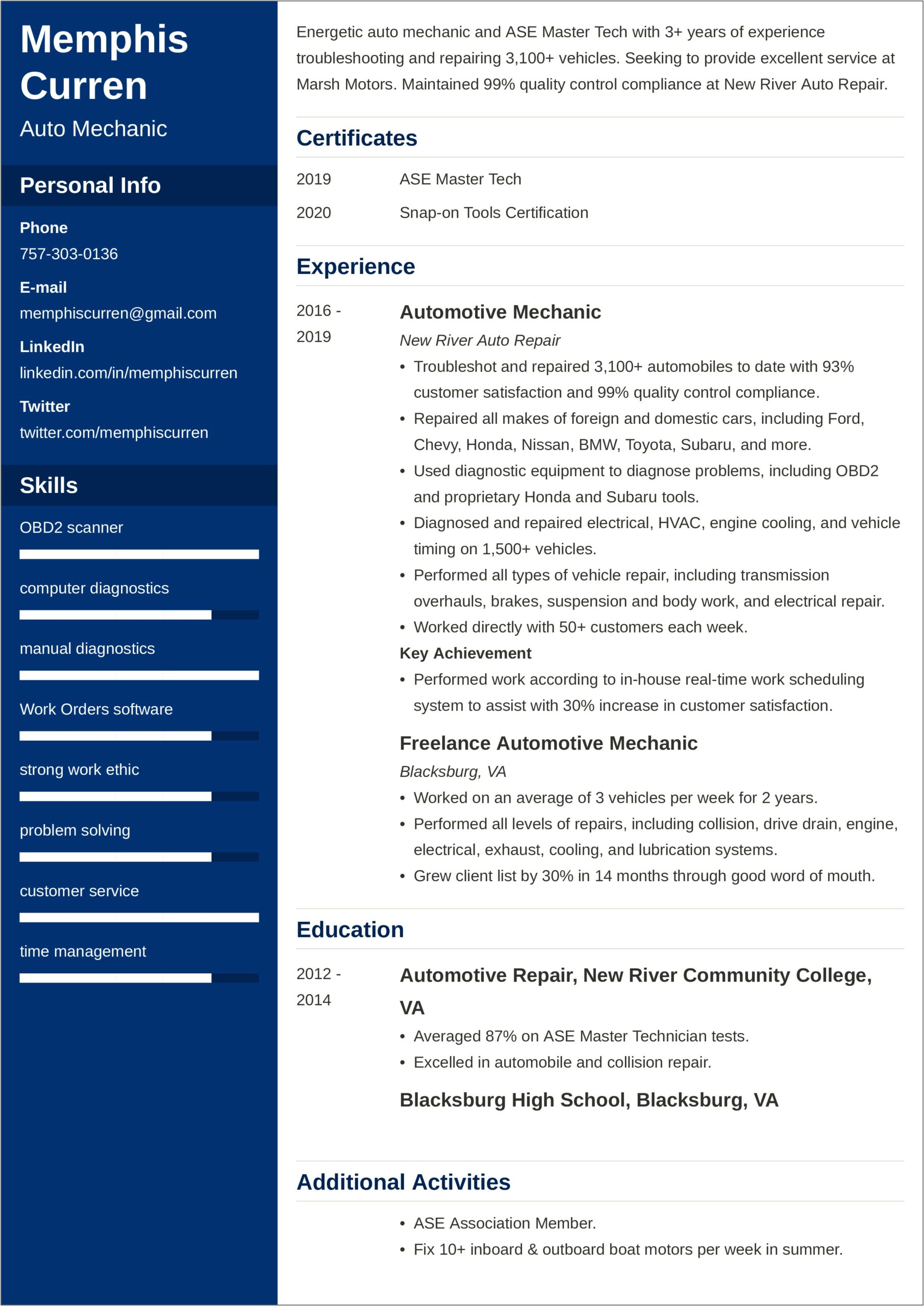 Service Technician Job Description Resume