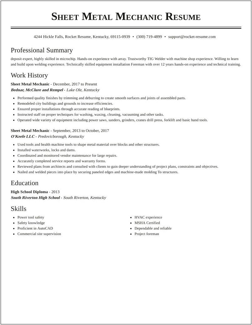 Sheet Metal Mechanic Resume Objective