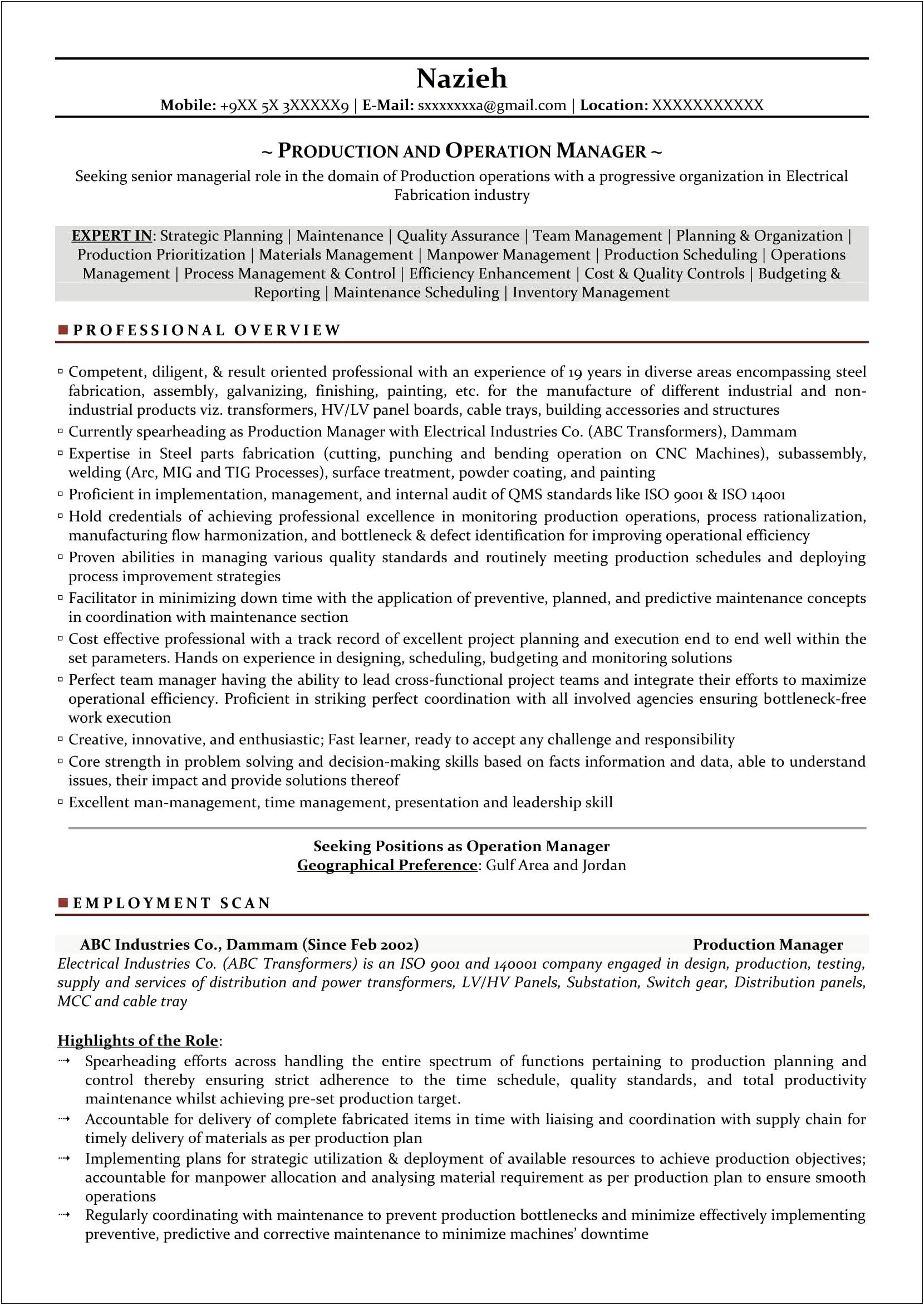 Sheet Metal Production Manager Resume