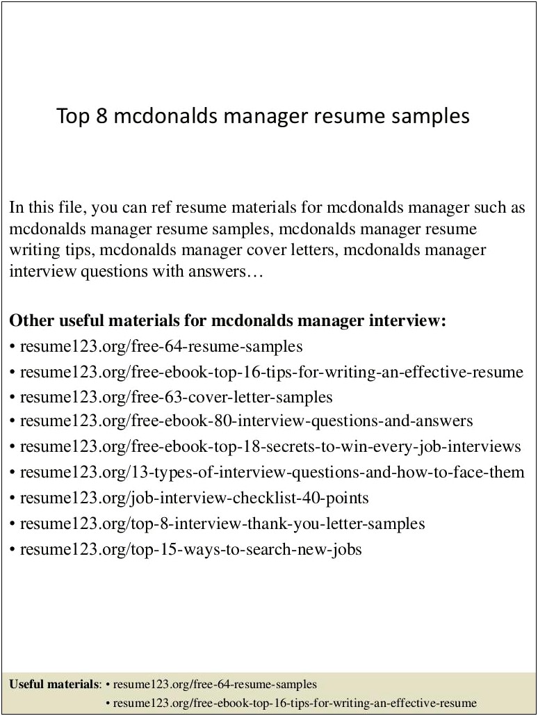 Shift Manager At Mcdonalds Resume