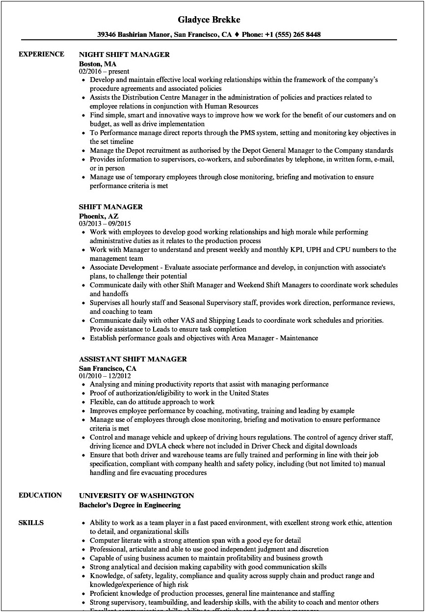 Shift Manager Job Description Resume