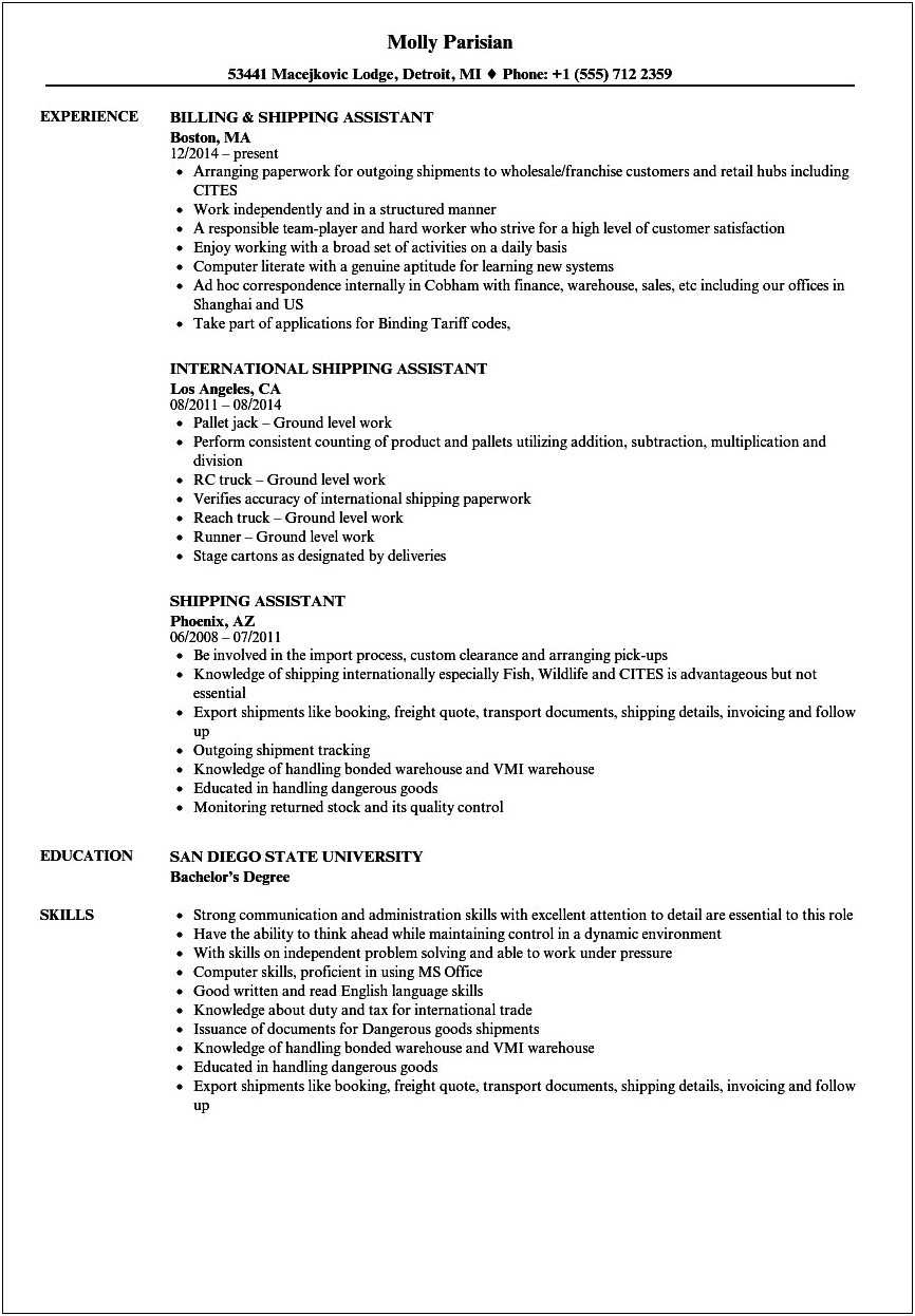 Shipping Assistant Job Description Resume