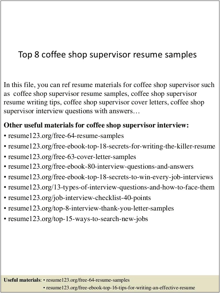 Shop Supervisor Resume Skills Examples