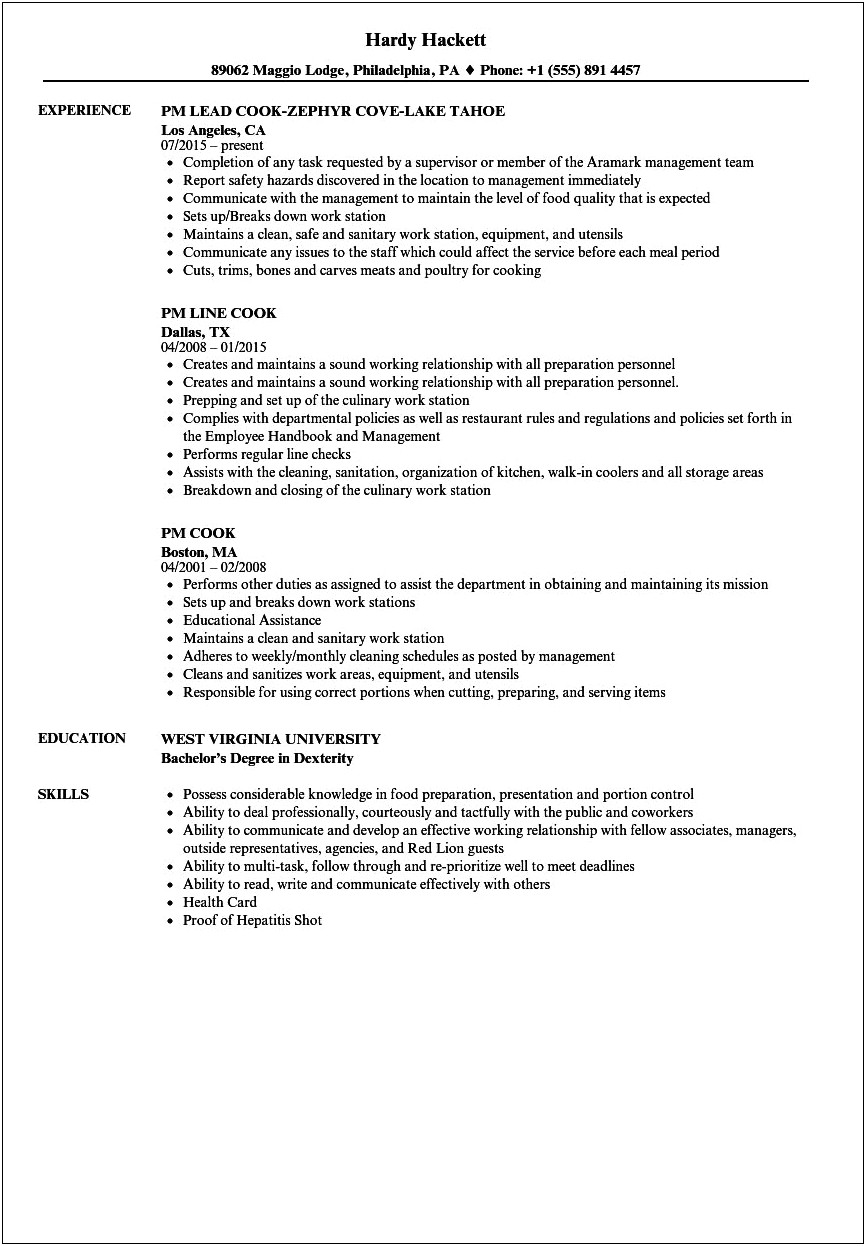 Short Order Cook Resume Examples