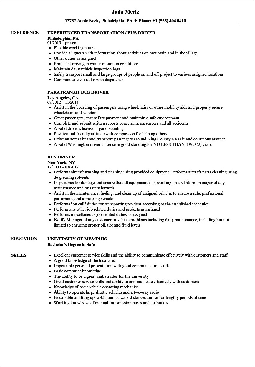 Shuttle Driver Job Description Resume