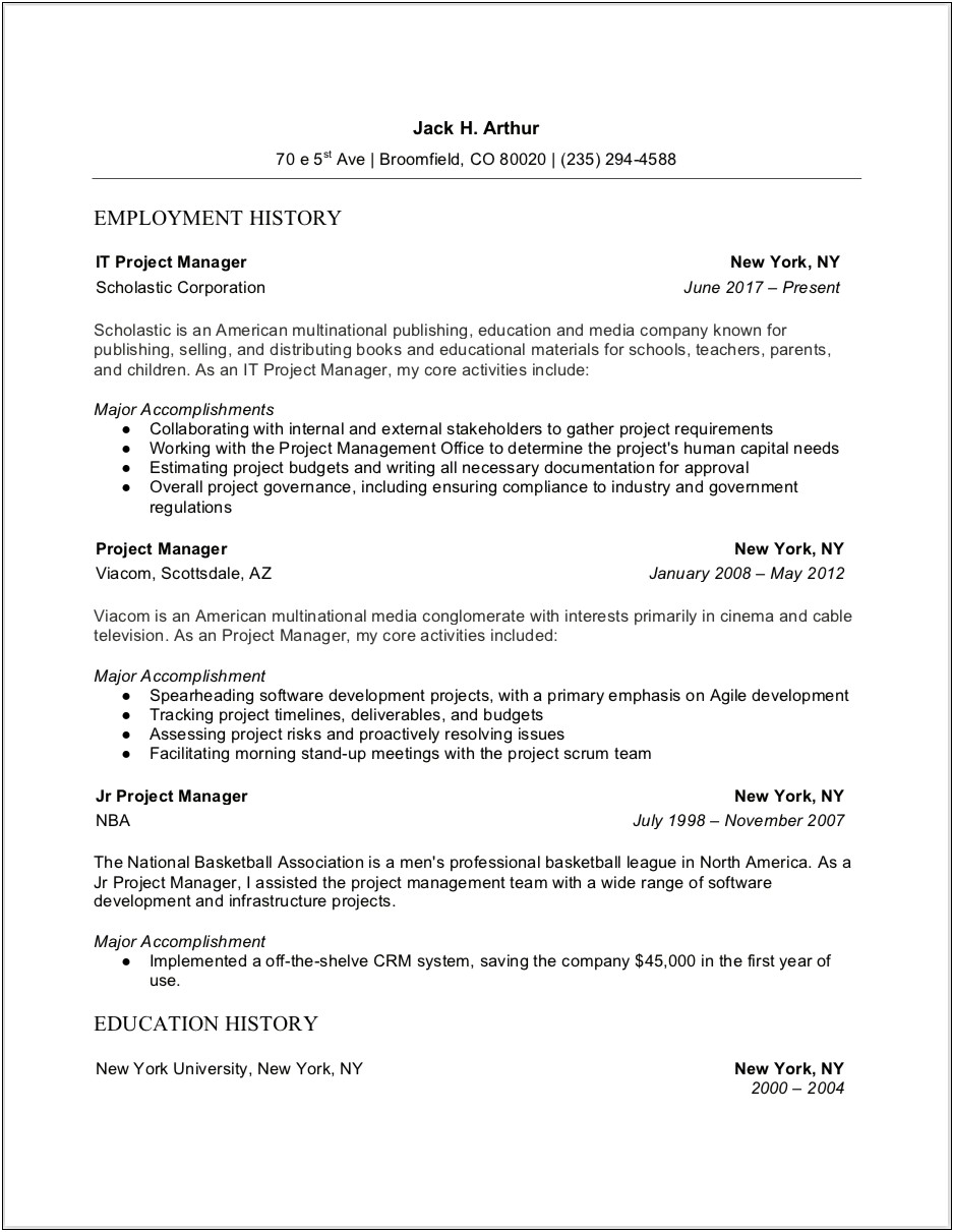 Siebel Crm Project Manager Resume