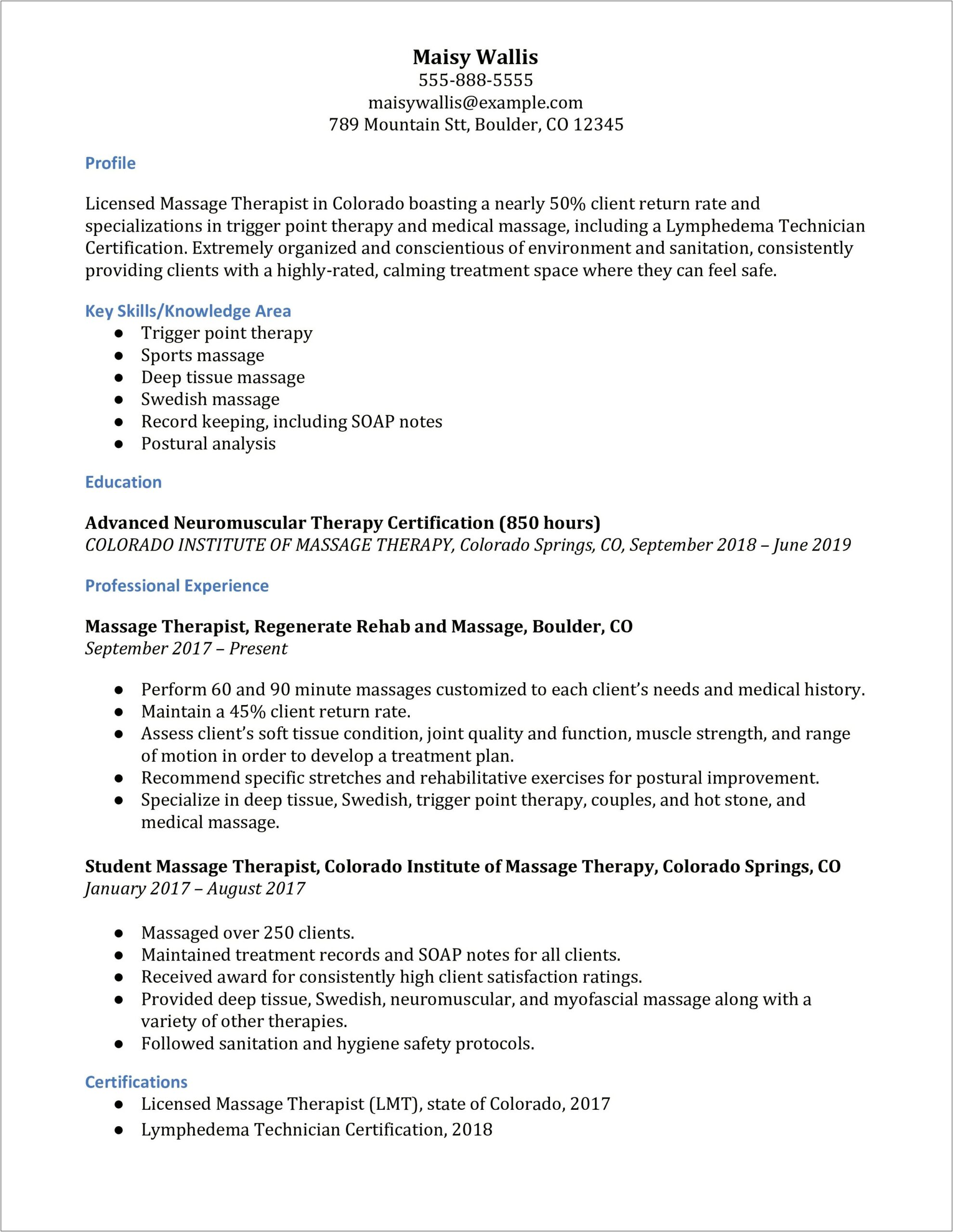 Simple Massage Therapy Job Resume