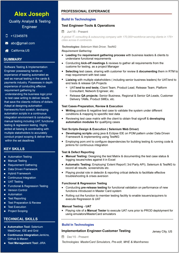 Site Reliability Engineer Example Resume