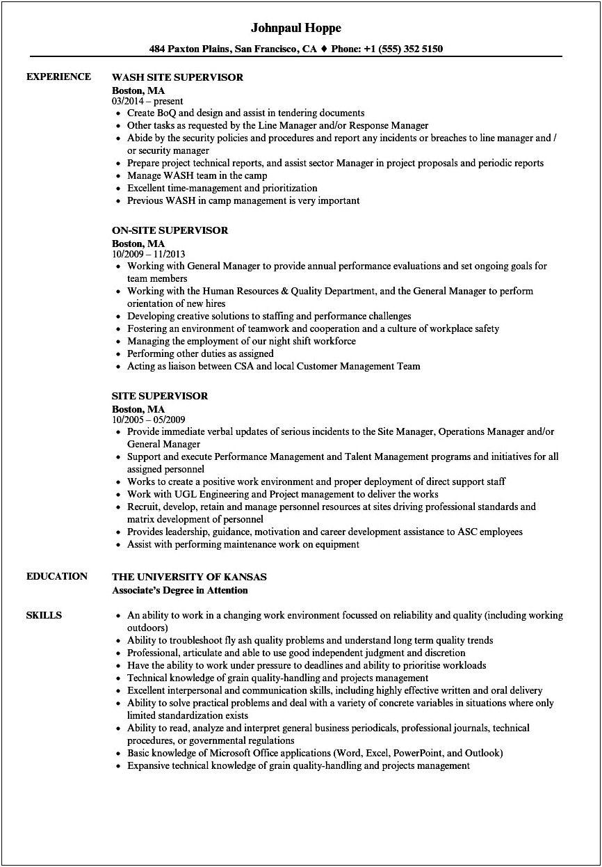 Site Supervisor Job Description Resume