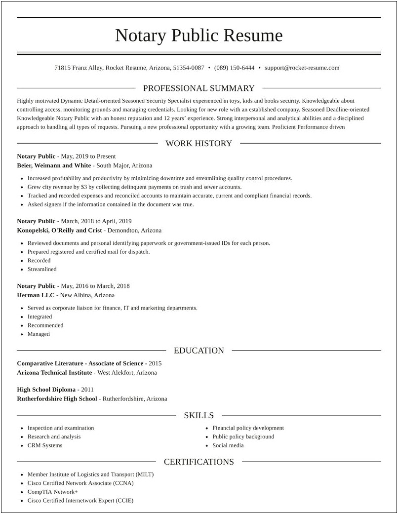Skill Notary Public Resume Sample