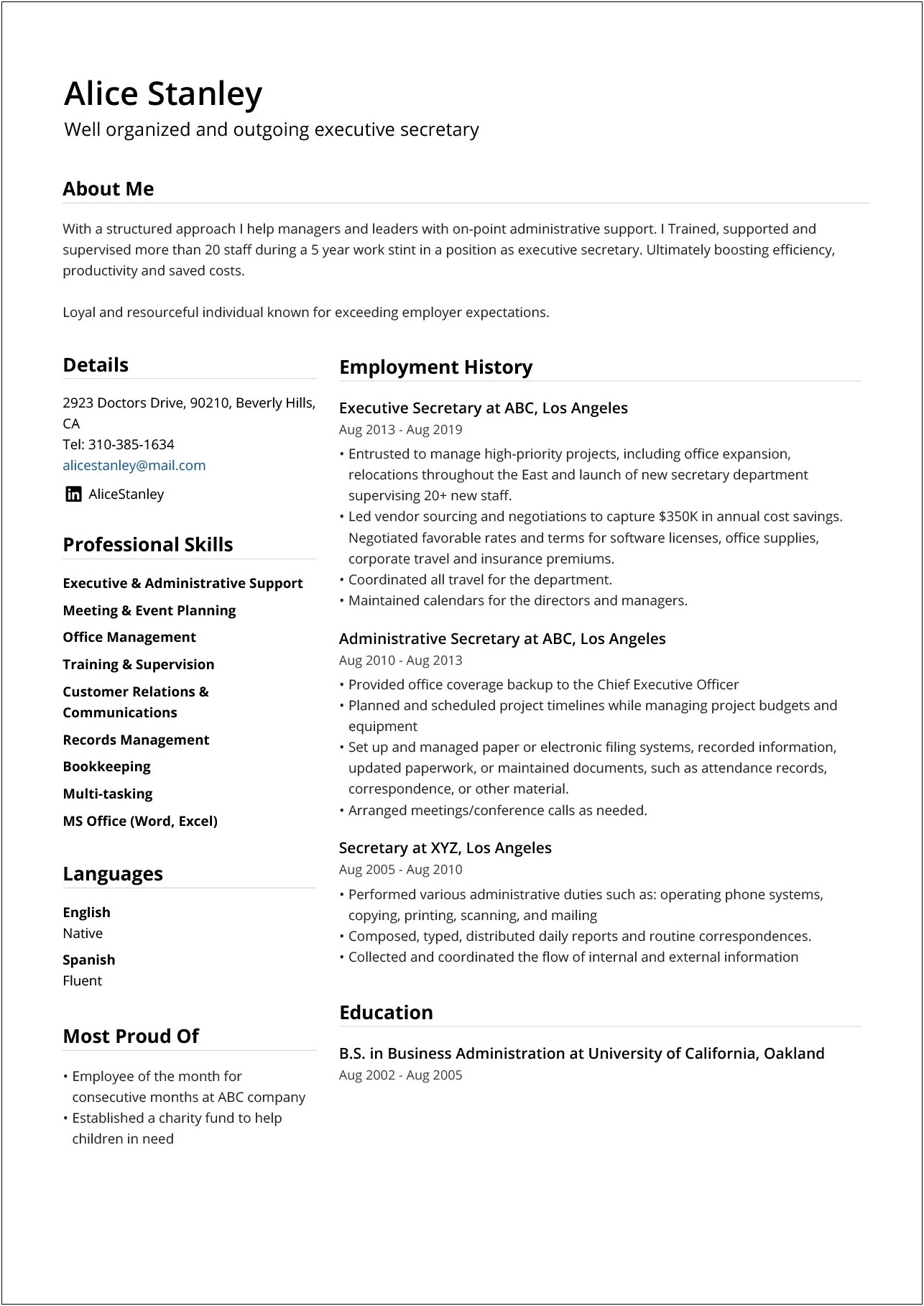 Skilled Administrative Professional Resume Example